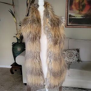Lumiere Taupe Multi Faux Fur Long Vest, Size M